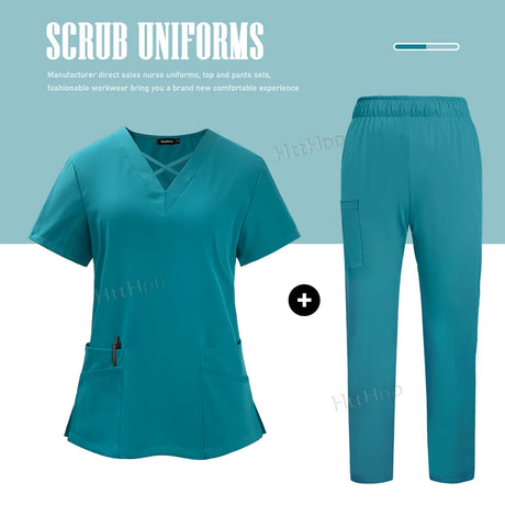 Teal nurse scrubs set featuring a top and pants, breathable fabric, suitable for medical professionals and unisex use.