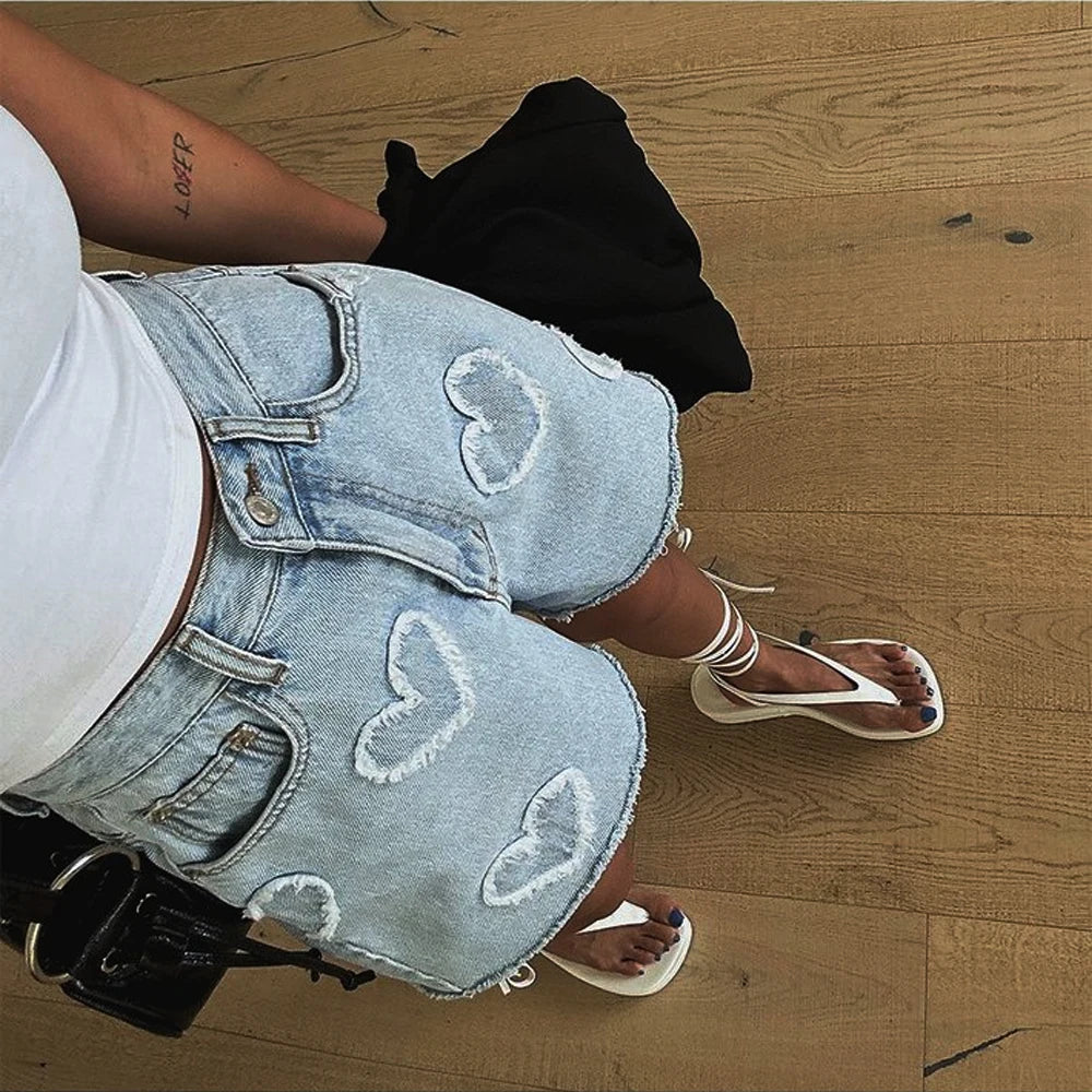 HeartJorts™ – Y2K High Waist Jorts (LOVE Heart Pattern, Chic & Washed)