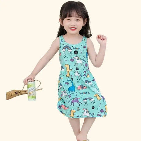 Cute summer dress for girls, featuring a vibrant dinosaur print, perfect for ages 4-6Y, knee-length, sleeveless design.