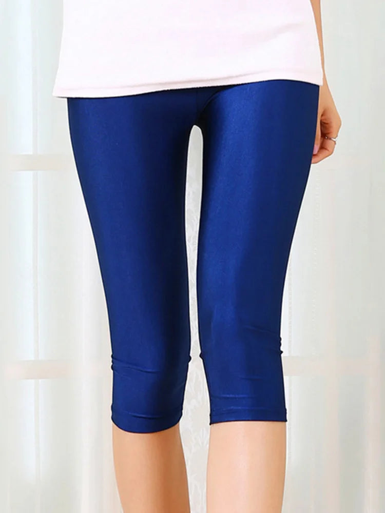 Women Shiny Neon Spandex Capri Leggings