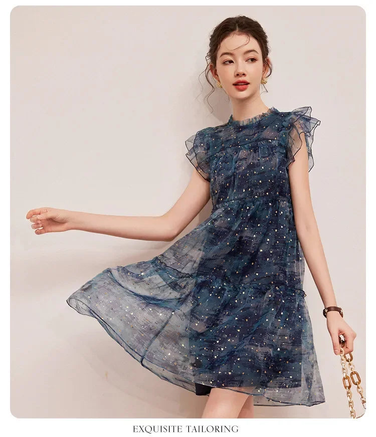 LOUIS YAO Sparkling Dress in blue with flounced edge, perfect summer outfit for women, above knee mini dress.