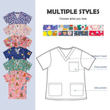 Colorful pediatric nursing scrub tops with V-neck and pocket styles, showcasing multiple patterns and designs.