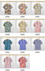 Various colorful printed nursing scrub tops for women, featuring short sleeves and unique designs.