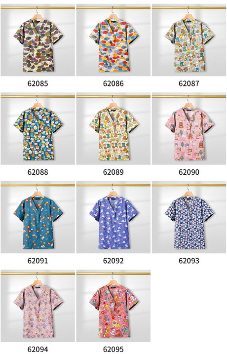 Various colorful printed nursing scrub tops for women, featuring short sleeves and unique designs.