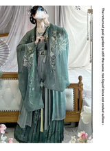 Elegant woman wearing a Song Dynasty Hanfu Set, featuring intricate floral embroidery and flowing chiffon fabric.