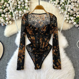 Women Square Neck Mesh Print Bodysuit