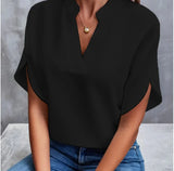 Women Solid V-Neck Short Sleeve Blouse