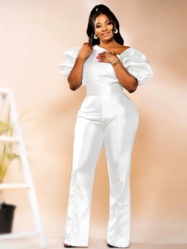 Women Satin Puff Sleeve Party Jumpsuit