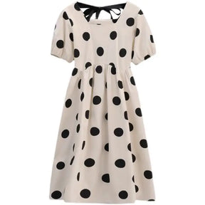Polka dot loose maternity dress by YIGUDAR, featuring short sleeves and mid-calf length, perfect for summer wear.