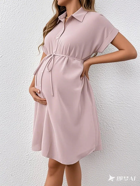 Striped button shirt maternity dress in soft pink, featuring a turn-down collar and a belted waist for casual summer wear.