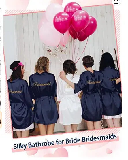 Bridesmaids in silky bathrobes holding pink balloons, featuring elegant designs for bridal parties.