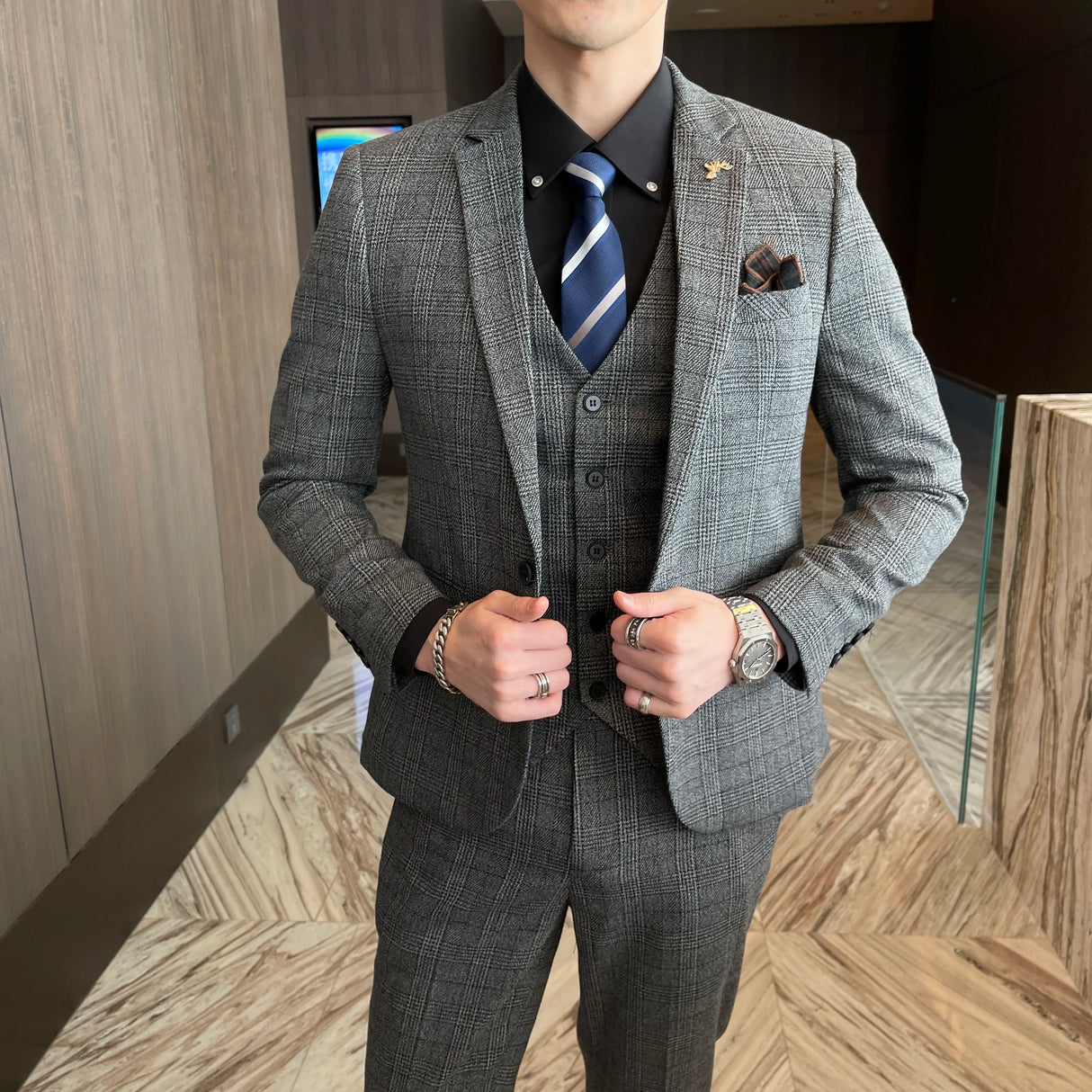 Men Plaid 3-Piece Business Suit