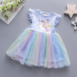 New Summer Princess Unicorn Party Baby Dress for Girls, Knee-Length Cotton Mesh Dress, Age 1-3Y