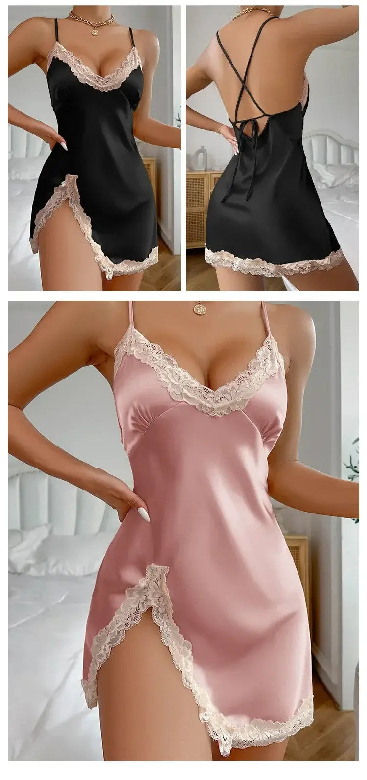 Women Satin Lace Nightdress Deep V Backless Sleepwear