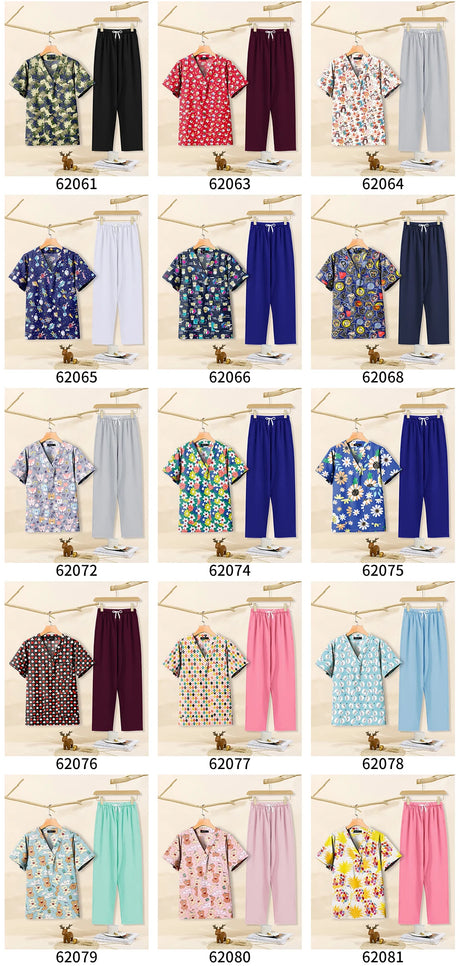 Colorful cartoon print dental scrubs set for women, featuring various styles and patterns ideal for pet grooming workwear.