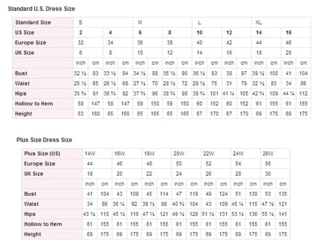Standard U.S. and Plus Size Dress Size Chart including measurements for bust, waist, hips, and height.