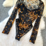 Women Square Neck Mesh Print Bodysuit