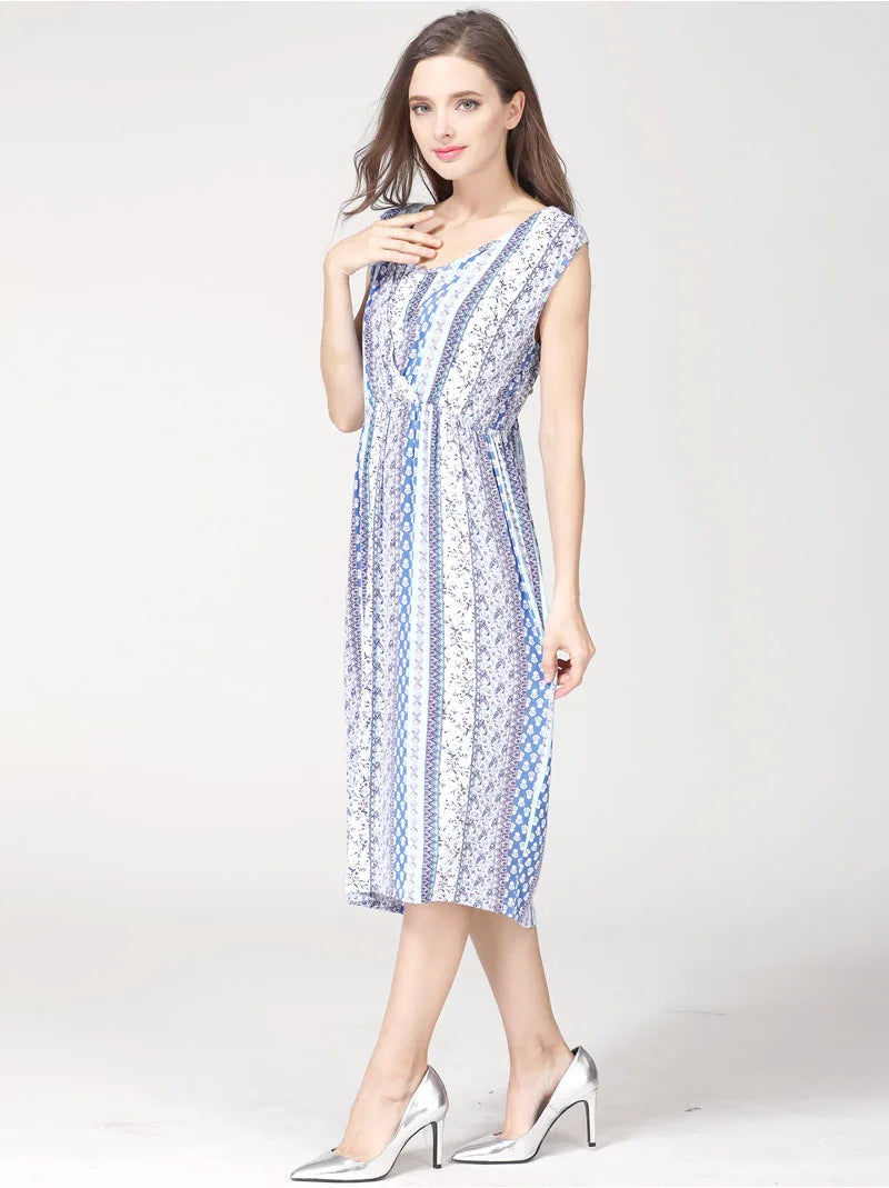 Sleeveless round neck cotton nursing dress in blue geometric pattern, perfect for summer maternity wear.