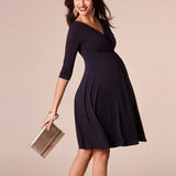 Fashion Nursing Maternity Dress in navy blue, featuring V-neck and knee-length design, perfect for summer breastfeeding.