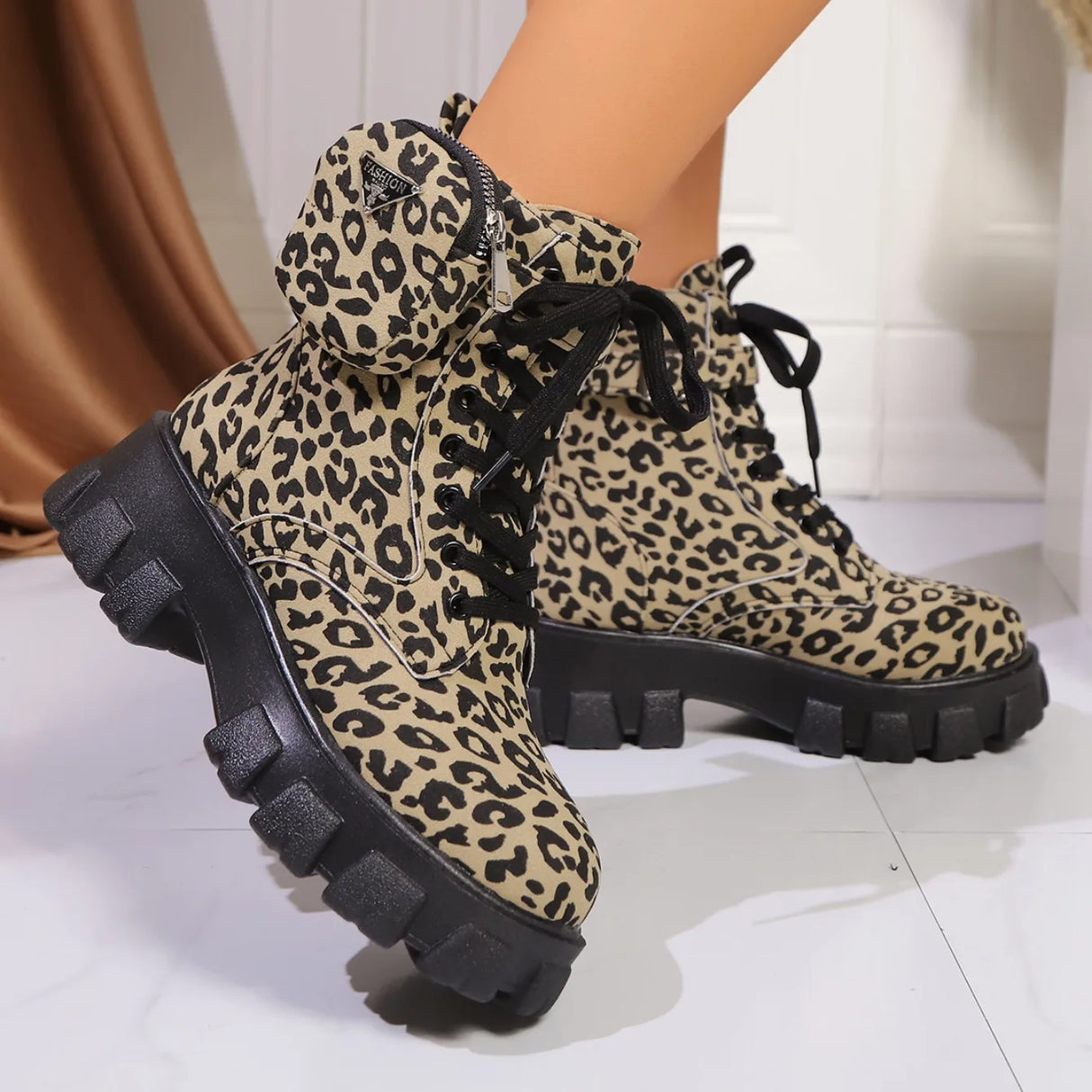 Women Leopard Print Ankle Boots – Winter High Heel Platform Shoes