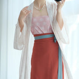 Song Dynasty Hanfu three piece outfit featuring a pink top, blue belt, and layered shawl, designed for women.