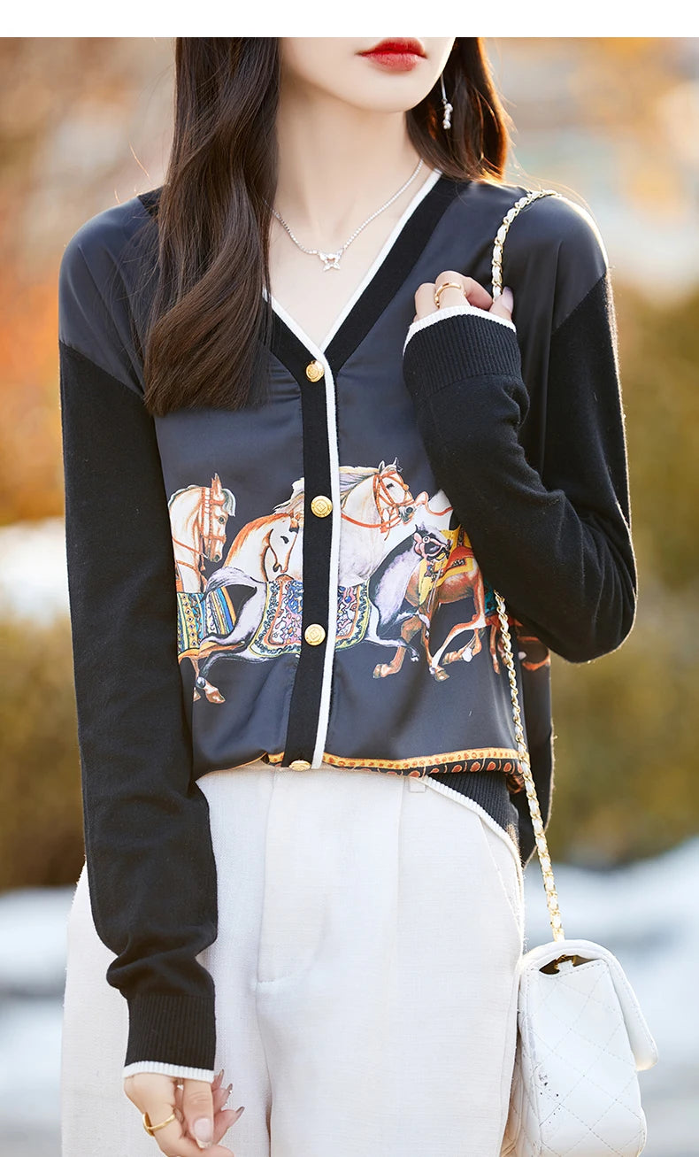 Women's Printed Stitching Wool Cardigan