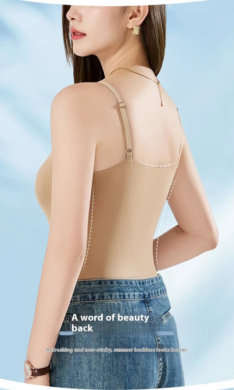 Woman wearing BraChic™ Ice Silk Cami with built-in bra, showcasing beauty back design and sleek styling in beige.