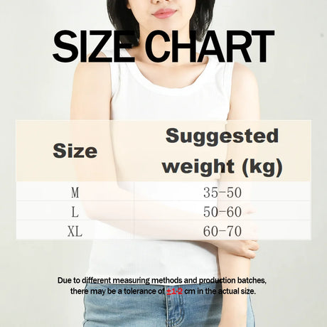 Size chart for SlipFit™ Anti-Slip Cami showing size M, L, XL and suggested weights in kg.