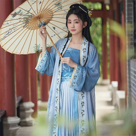Elegant woman in a blue Hanfu dress holding a traditional umbrella, perfect for cosplay and cultural events.