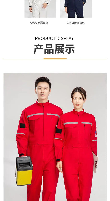 Product display of an anti-static flame-resistant welding suit in red, worn by a man and woman, showcasing style and safety features.