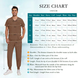 Size chart for Unisex Nurse Surgical Scrub Suit - Jogger Set showing measurements for various sizes in cm.