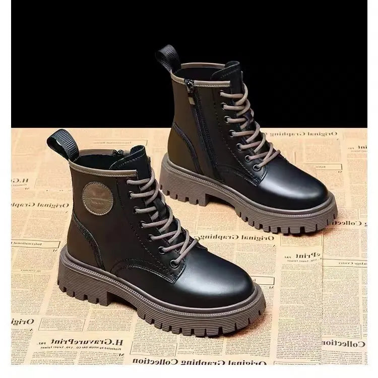 Women Motorcycle Style Ankle Boots – Thick Sole Leather Plus Velvet