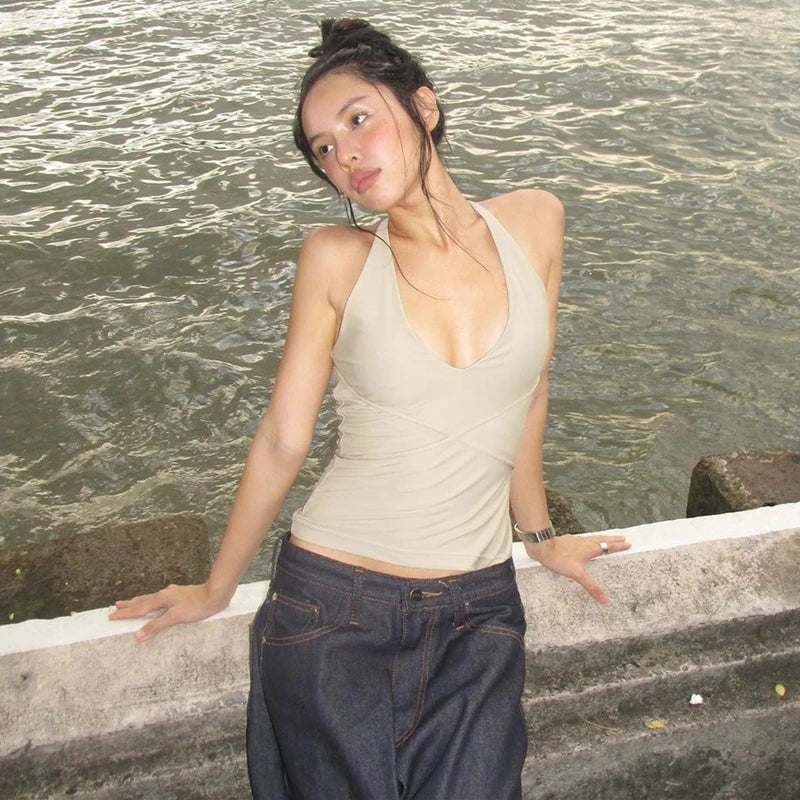 Korean Fashion Backless Halter Crop Tank