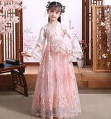 Modern Fairy Hanfu Girls Cosplay Dress featuring floral designs and elegant sleeves, perfect for kids' themed events.
