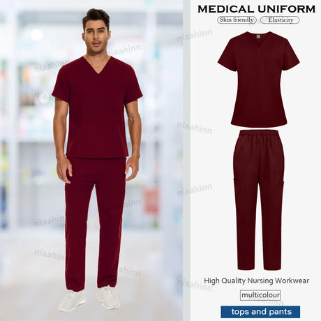 Men's multicolor surgical gown uniform featuring breathable fabric, V-neck top and pants for healthcare professionals.