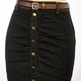 BuckleCurve™ – Ruched Belt Bodycon Skirt (High Waist Retro Denim)