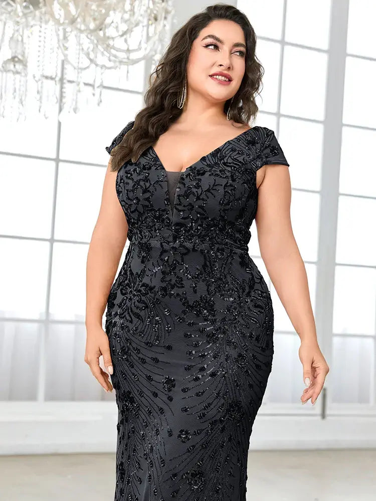 Women Plus Size Mermaid Sequin Formal Prom Dress