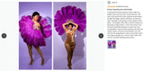 Woman posing in vibrant purple feather outfit, showcasing a stylish and comfortable look for a birthday photoshoot.