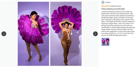 Woman posing in vibrant purple feather outfit, showcasing a stylish and comfortable look for a birthday photoshoot.