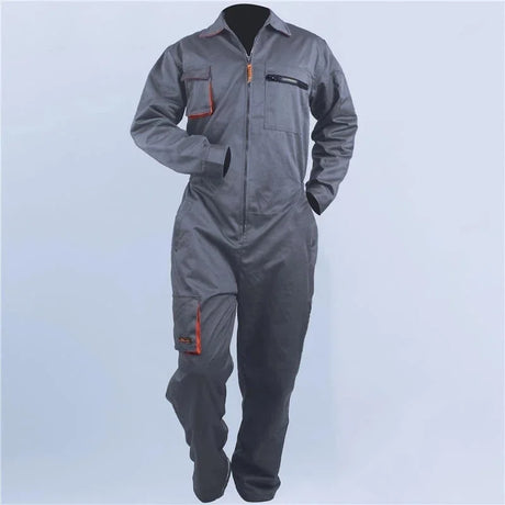 Plus size mechanic welding coveralls in grey, featuring waterproof fabric, quick-dry properties, and utility pockets.