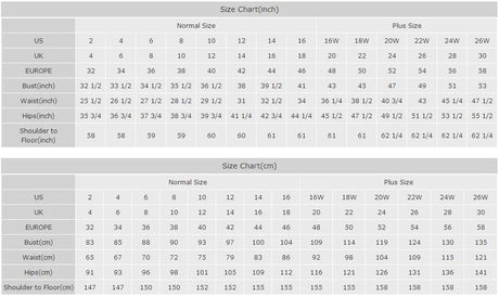 Comprehensive size chart in inches and centimeters for wedding dresses, including normal and plus sizes.