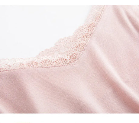 Close-up of LuxeLace™ silk camisole tank top featuring delicate lace trim and V-neck design.
