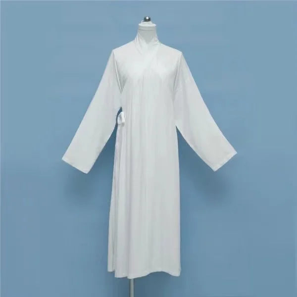 White Ming Dynasty Hanfu inner robe costume for men and women, made of polyester, traditional Chinese design.