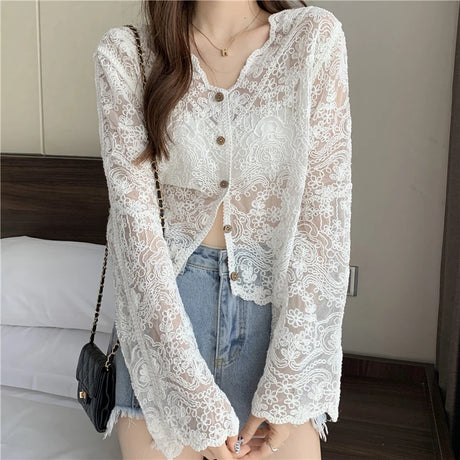 Sheer lace sun shirt with long sleeves, V-neck, and button closure, perfect for summer fashion.