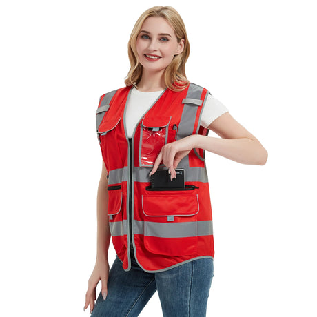 High visibility red safety vest with reflective stripes, worn by a woman holding a phone in a pocket, ideal for work environments.
