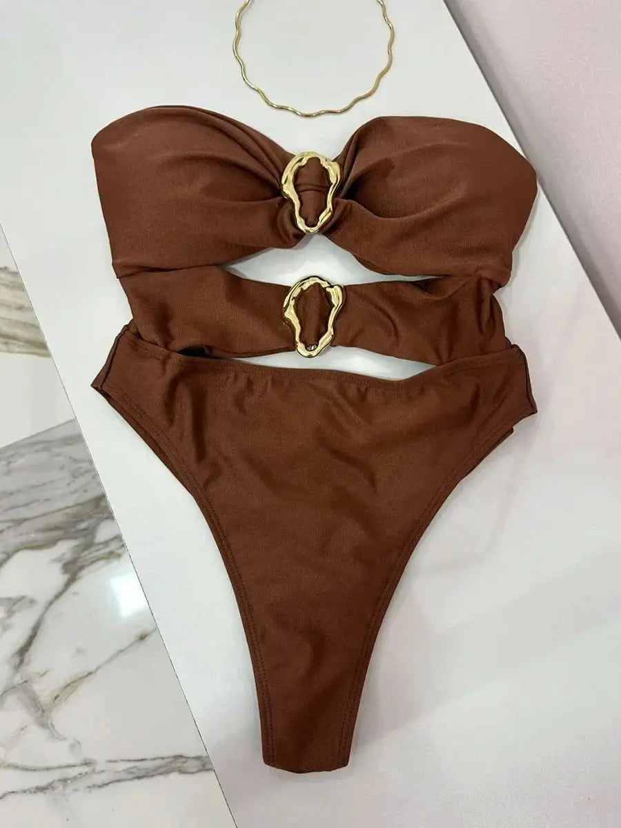 Women Metal Ring Bandeau Swimsuit