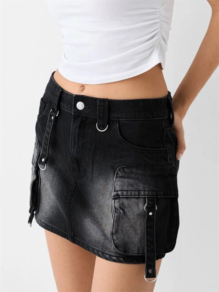 Women Denim Cargo Mini Skirt