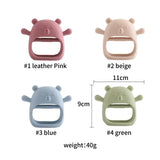 Baby teether gloves in pink, beige, blue, and green, made of soft silicone, designed for ages 0-6 years.