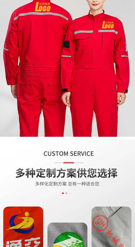 Custom red workwear suits with logo options and various styles for personalized service.