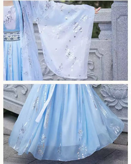 Elegant Tang Dynasty blue hanfu costume featuring flowing sleeves and a beautifully flared skirt, perfect for women.